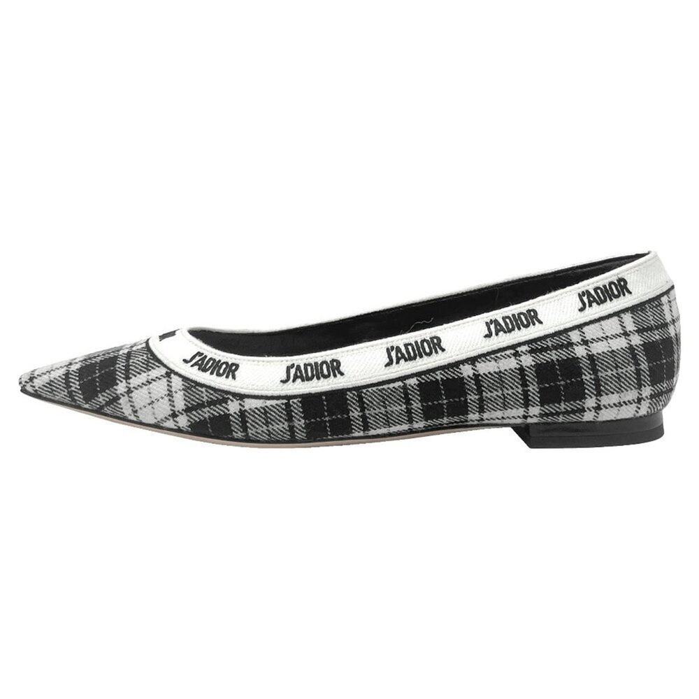 Dior‎ J’Adior Plaid Flats Tartan Wool Pointed Toe Logo Trim Black White 38 - Picture 2 of 11